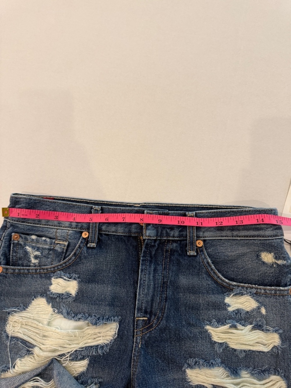 7 For All Mankind Distressed Dark Blue Denim Shorts - Picture 9 of 11